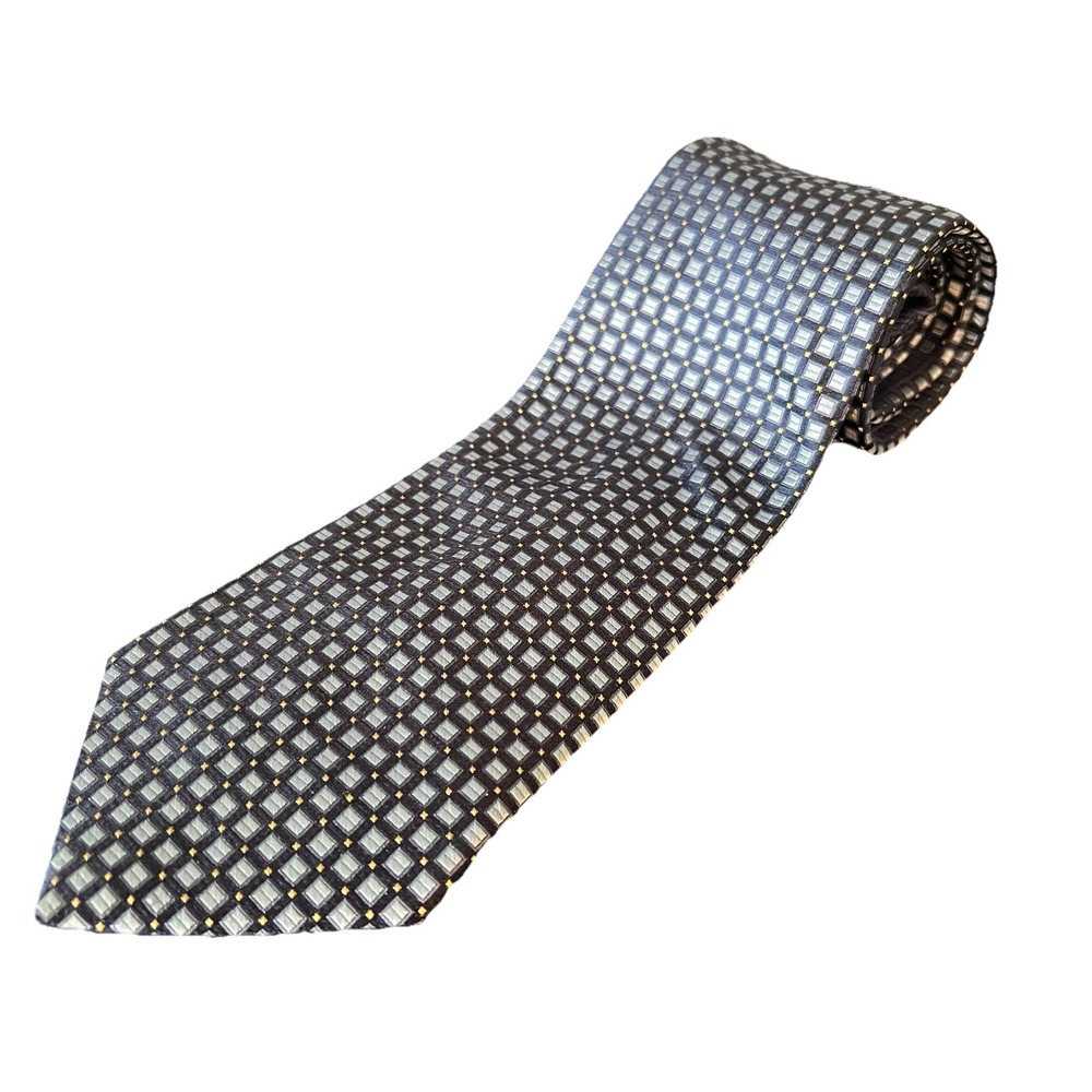 Tommy Hilfiger Navy Blue‎ Silk Lt Blue Square Pattern Tie Solid Blue After Seam